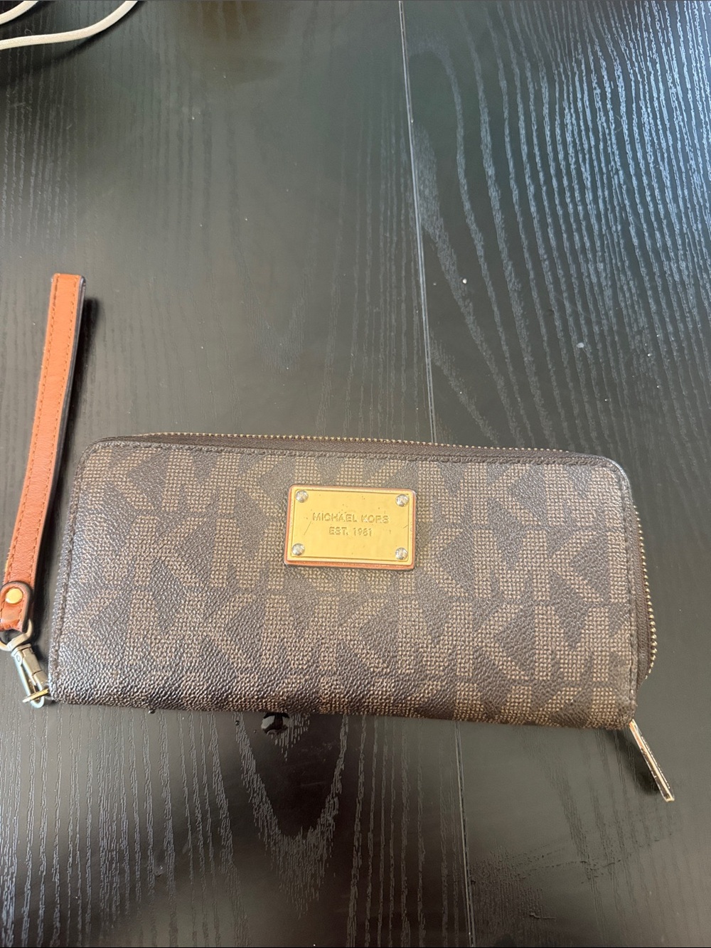 Michael Kors Cognac Leather Zip Wallet with Gold Hardware